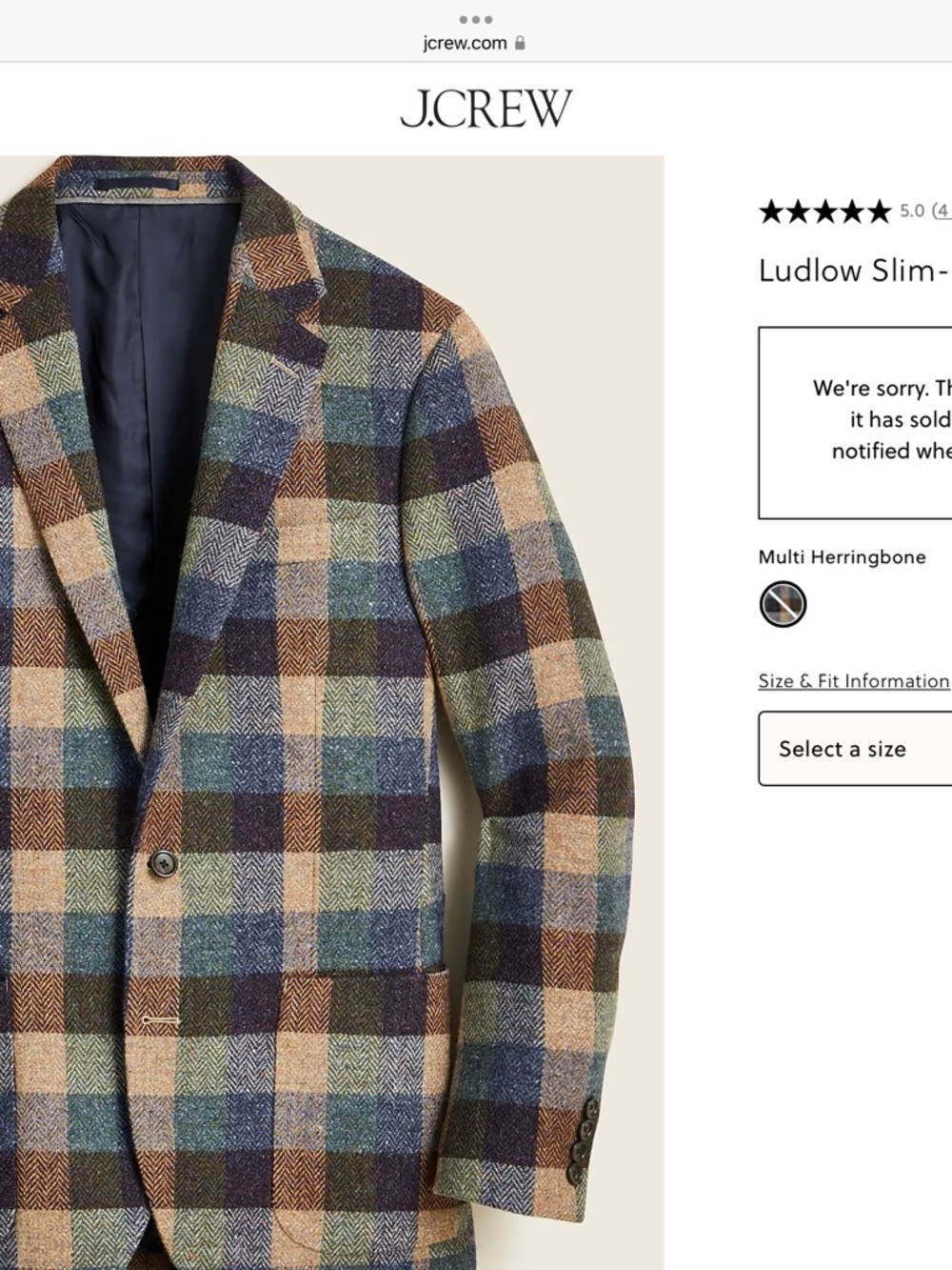 J. Crew Ludlow Slim-Fit Multi-Color Herringbone tweed Irish wool Plaid Blazer